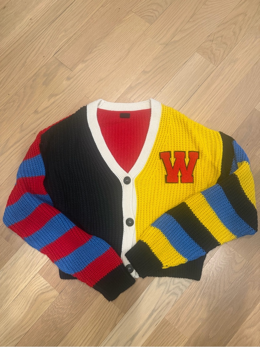 Colorblock Knit Cardigan Sweater - Yellow/Black/Red/Blue